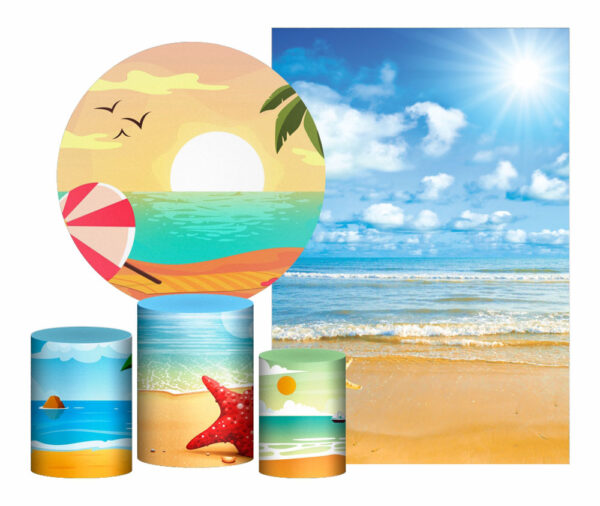 Kit Casado Praia Verão  Painel Redondo Trio Capas Cilindro Retangular Vertical Em Tecido