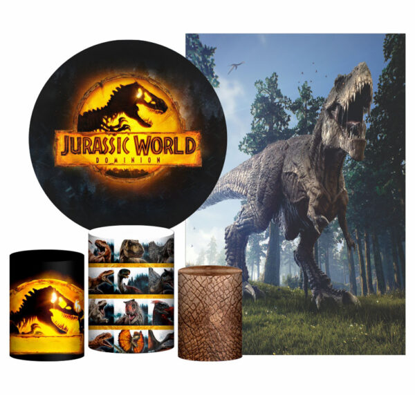 Kit Casado Jurassic World Painel Redondo Trio Capas Cilindro Retangular Vertical Em Tecido