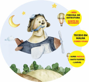 Painel Redondo 3D Ursinho Aviador Abre Fácil Tecido
