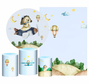 Kit Casado Ursinho Aviador Painel Redondo Trio Capas Cilindro Retangular Vertical Em Tecido