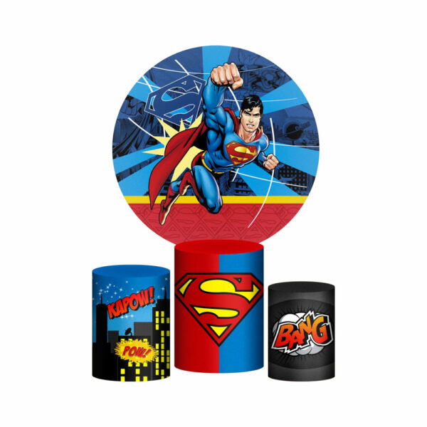 Trio Capa Cilindro + Painel Redondo 3D Super Homem 1,50m Veste Fácil
