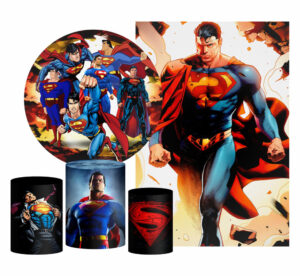 Kit Casado Super Homem Painel Redondo Trio Capas Cilindro Retangular Vertical Em Tecido