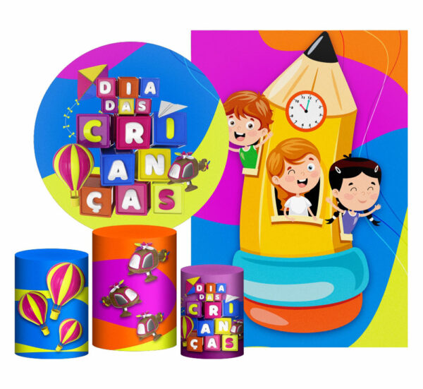 Kit Casado Dia das Crianças Painel Redondo Trio Capas Cilindro Retangular Vertical Em Tecido