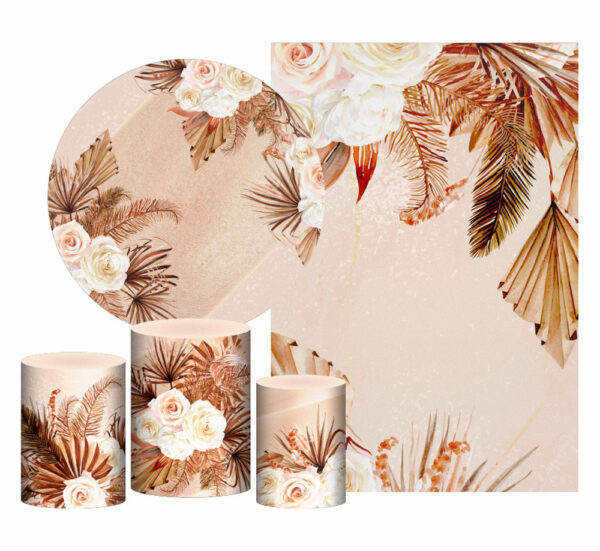 Kit Casado Floral Painel Redondo Trio Capas Cilindro Retangular Vertical Em Tecido