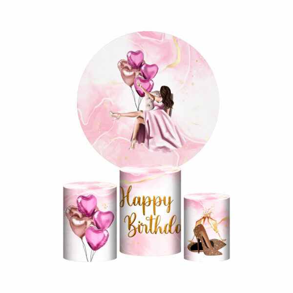Trio Capa Cilindro + Painel Redondo 3D Feliz Aniversario Diva 1,50m Veste Fácil