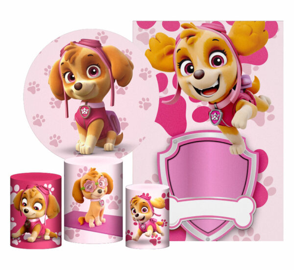 Kit Casado Skye Patrulha Canina Painel Redondo Trio Capas Cilindro Retangular Vertical Em Tecido