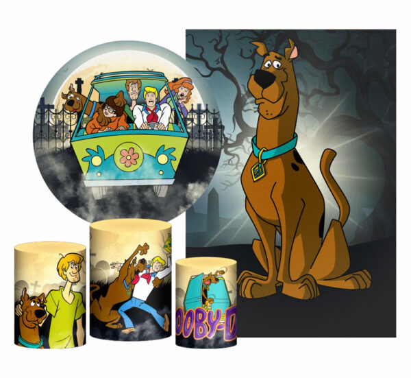 Kit Casado Scooby Doo Painel Redondo Trio Capas Cilindro Retangular Vertical Em Tecido