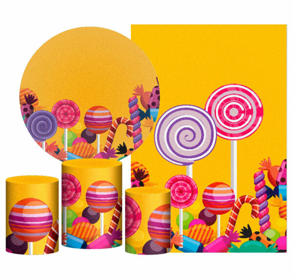Kit Casado Doces Painel Redondo Trio Capas Cilindro Retangular Vertical Em Tecido