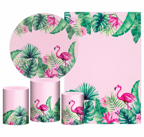 Kit Casado Flamingo Painel Redondo Trio Capas Cilindro Retangular Vertical Em Tecido