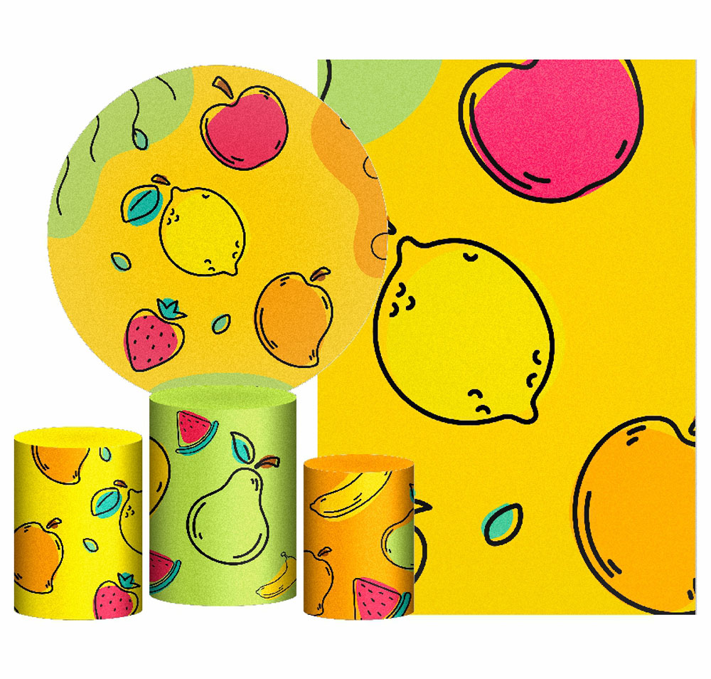 Kit Casado Frutas Painel Redondo Trio Capas Cilindro Retangular Vertical Em Tecido