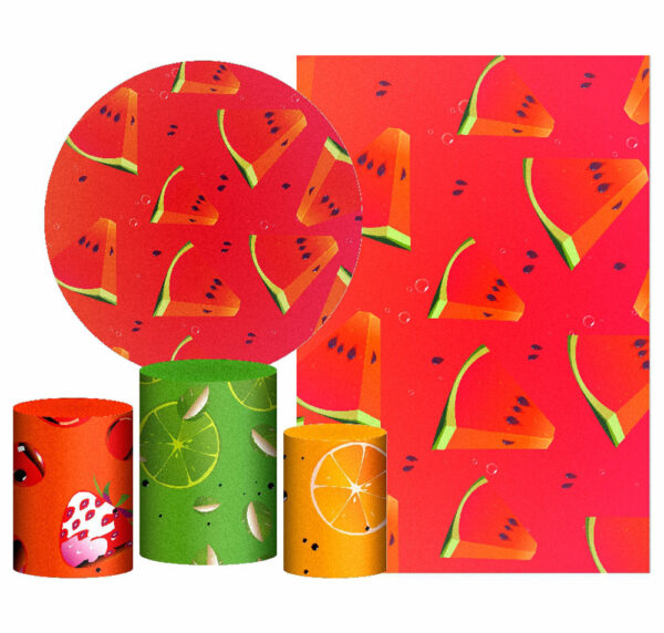 Kit Casado Frutas Painel Redondo Trio Capas Cilindro Retangular Vertical Em Tecido
