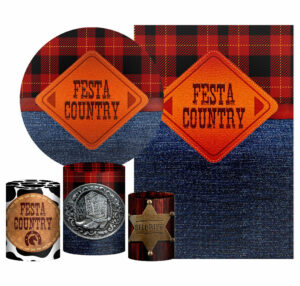 Kit Casado Festa Country Painel Redondo Trio Capas Cilindro Retangular Vertical Em Tecido