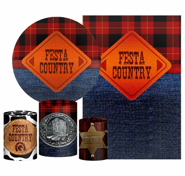Kit Casado Festa Country Painel Redondo Trio Capas Cilindro Retangular Vertical Em Tecido