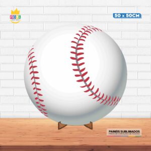 Painel Redondo 3D Beisebol Bola Tecido 50cm X 50cm Com Suporte MDF
