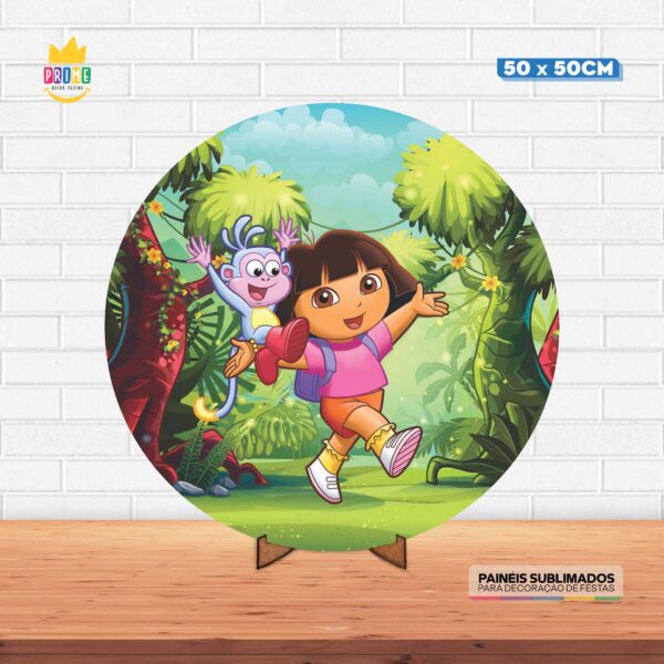 Painel Redondo 3D Dora Aventureira Tecido 50cm X 50cm Com Suporte MDF