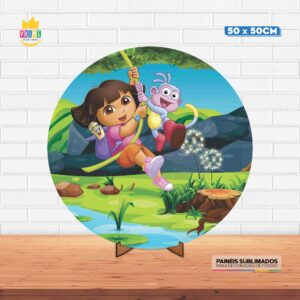 Painel Redondo 3D Dora Aventureira Tecido 50cm X 50cm Com Suporte MDF