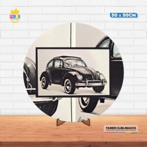 Painel Redondo 3D Fusca Preto  Tecido 50cm X 50cm Com Suporte MDF