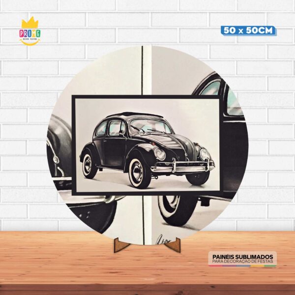 Painel Redondo 3D Fusca Preto  Tecido 50cm X 50cm Com Suporte MDF