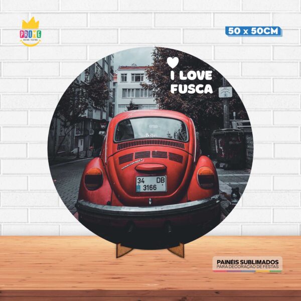 Painel Redondo 3D Fusca  Tecido 50cm X 50cm Com Suporte MDF