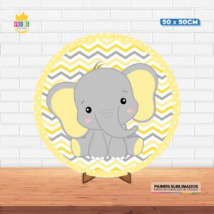 Painel Redondo 3D Elefantinho Amarelo Tecido 50cm X 50cm Com Suporte MDF