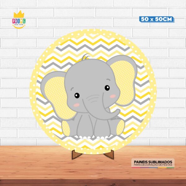 Painel Redondo 3D Elefantinho Amarelo Tecido 50cm X 50cm Com Suporte MDF