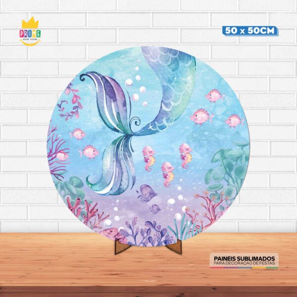 Painel Redondo 3D Cauda Sereia Tecido 50cm X 50cm Com Suporte MDF
