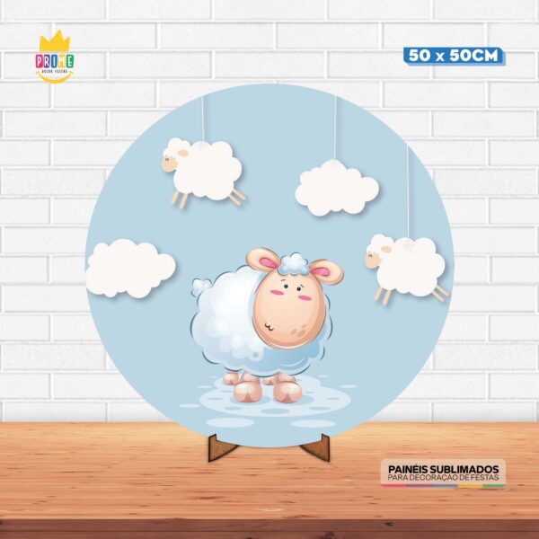 Painel Redondo 3D Ovelhinha Tecido 50cm X 50cm Com Suporte MDF