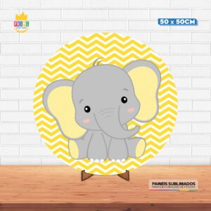 Painel Redondo 3D Elefantinho Amarelo Tecido 50cm X 50cm Com Suporte MDF