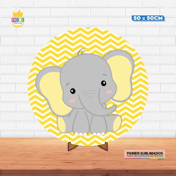 Painel Redondo 3D Elefantinho Amarelo Tecido 50cm X 50cm Com Suporte MDF