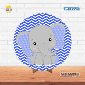 Painel Redondo 3D Elefantinho Azul Tecido 50cm X 50cm Com Suporte MDF