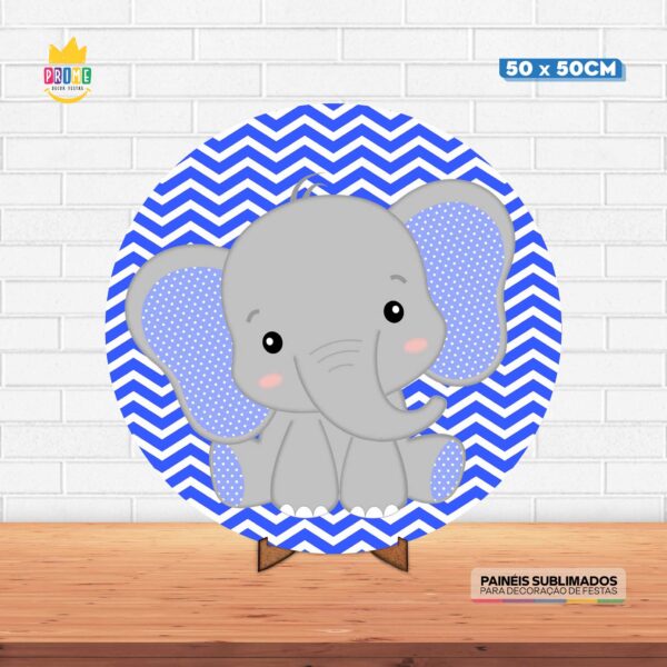 Painel Redondo 3D Elefantinho Azul Tecido 50cm X 50cm Com Suporte MDF