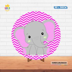 Painel Redondo 3D Elefantinho Rosa Tecido 50cm X 50cm Com Suporte MDF