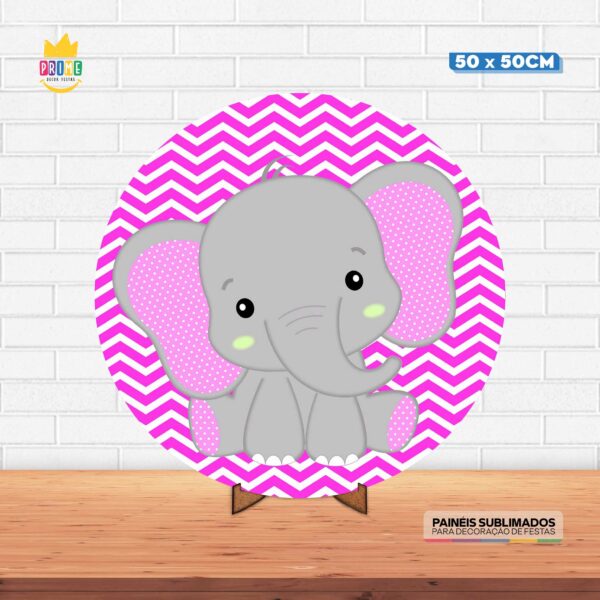 Painel Redondo 3D Elefantinho Rosa Tecido 50cm X 50cm Com Suporte MDF