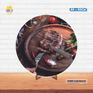 Painel Redondo 3D Churrasco Tecido 50cm X 50cm Com Suporte MDF