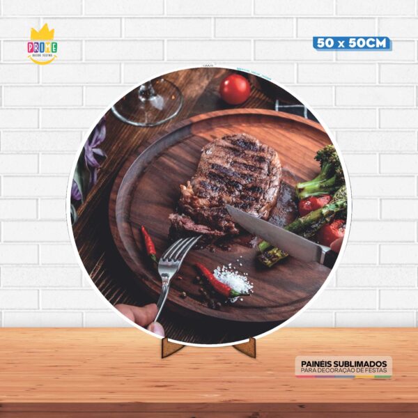 Painel Redondo 3D Churrasco Tecido 50cm X 50cm Com Suporte MDF