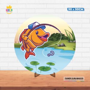 Painel Redondo 3D Pescaria Tecido 50cm X 50cm Com Suporte MDF