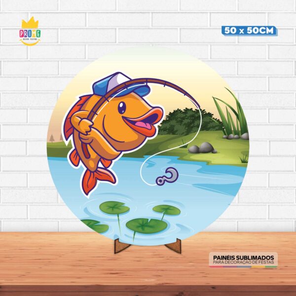 Painel Redondo 3D Pescaria Tecido 50cm X 50cm Com Suporte MDF