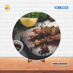 Painel Redondo 3D Churrasco Tecido 50cm X 50cm Com Suporte MDF