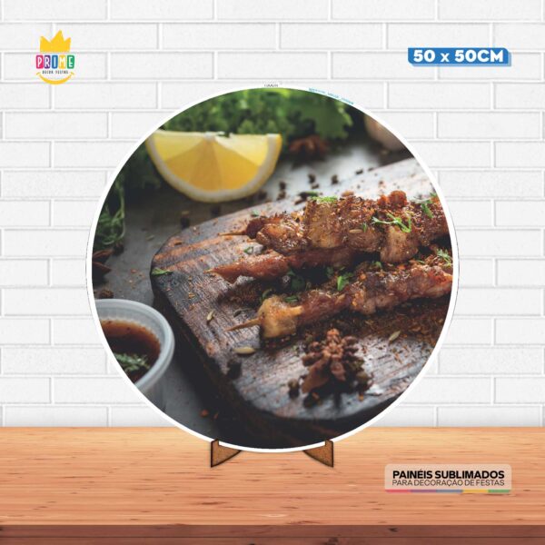 Painel Redondo 3D Churrasco Tecido 50cm X 50cm Com Suporte MDF