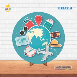 Painel Redondo 3D Viagem Tecido 50cm X 50cm Com Suporte MDF