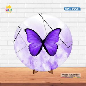 Painel Redondo 3D Borboleta Roxa Tecido 50cm X 50cm Com Suporte MDF