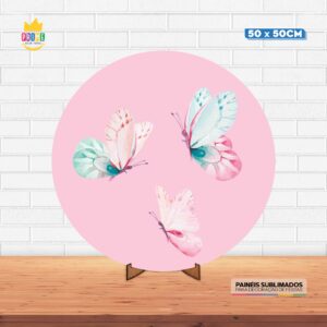 Painel Redondo 3D Borboletas Tecido 50cm X 50cm Com Suporte MDF