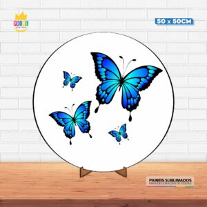 Painel Redondo 3D Borboletas Azul Tecido 50cm X 50cm Com Suporte MDF