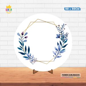 Painel Redondo 3D Flor Azul Tecido 50cm X 50cm Com Suporte MDF