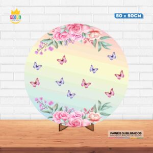 Painel Redondo 3D Borboletas Tecido 50cm X 50cm Com Suporte MDF