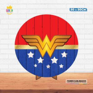 Painel Redondo 3D Mulher Maravilha Tecido 50cm X 50cm Com Suporte MDF