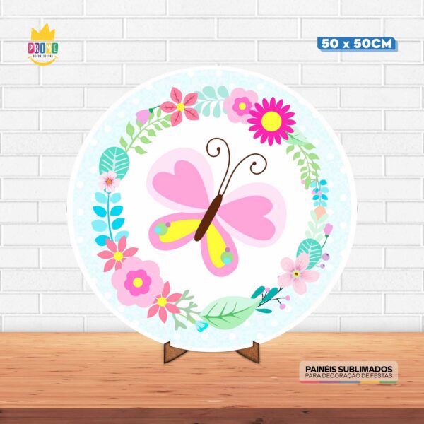Painel Redondo 3D Borboletas Tecido 50cm X 50cm Com Suporte MDF