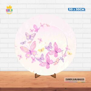 Painel Redondo 3D Borboletas Tecido 50cm X 50cm Com Suporte MDF