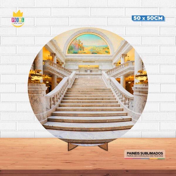 Painel Redondo 3D Escadaria Realeza Branco Tecido 50cm X 50cm Com Suporte MDF