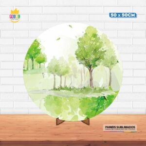 Painel Redondo 3D Bosque Tecido 50cm X 50cm Com Suporte MDF